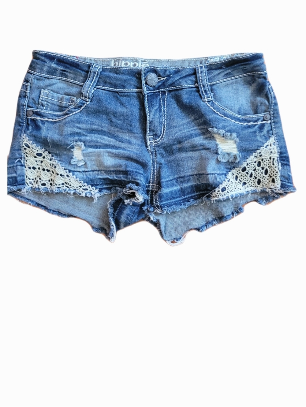 Hippie Laundry Shorts Womens 5 Denim Crochet Trim Low-Rise Shorts Y2k Boho